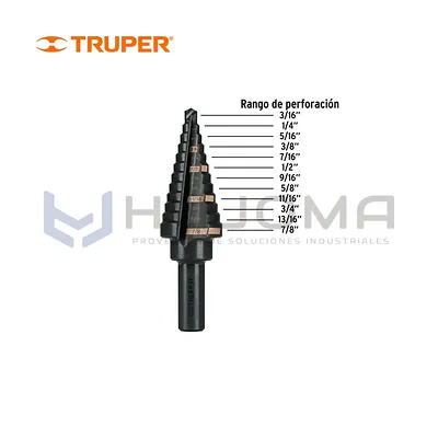 Broca Escalonada 12 escalones 3/16" a 7/8" Truper 12125