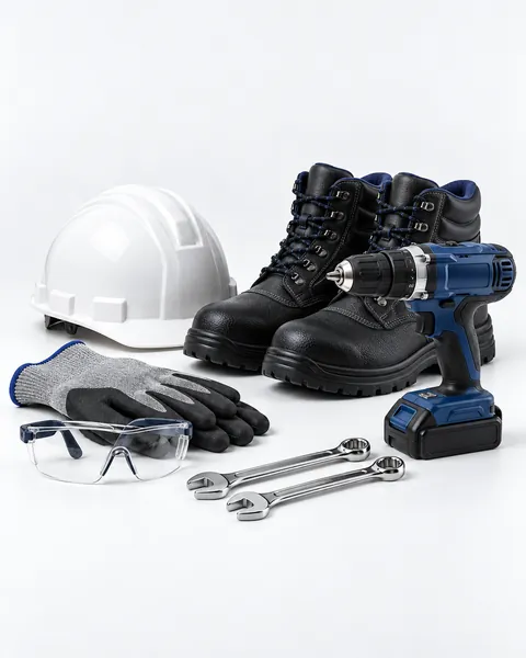Casco, botas de seguridad, guantes, lentes, taladro y llaves del catálogo industrial