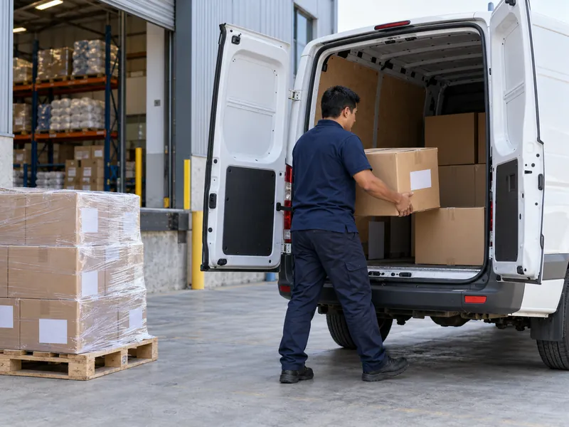 Carga de pedidos embalados en una furgoneta para su envío